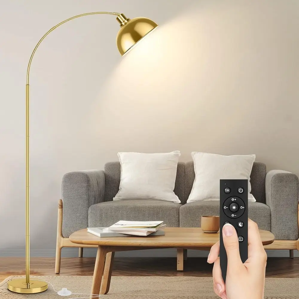 

Arched Floor Lamp with Remote Control, Dimmable Gold Finish, Hanging Dome Shade, Ideal for Living Room, Bedroom, or Office (Bulb