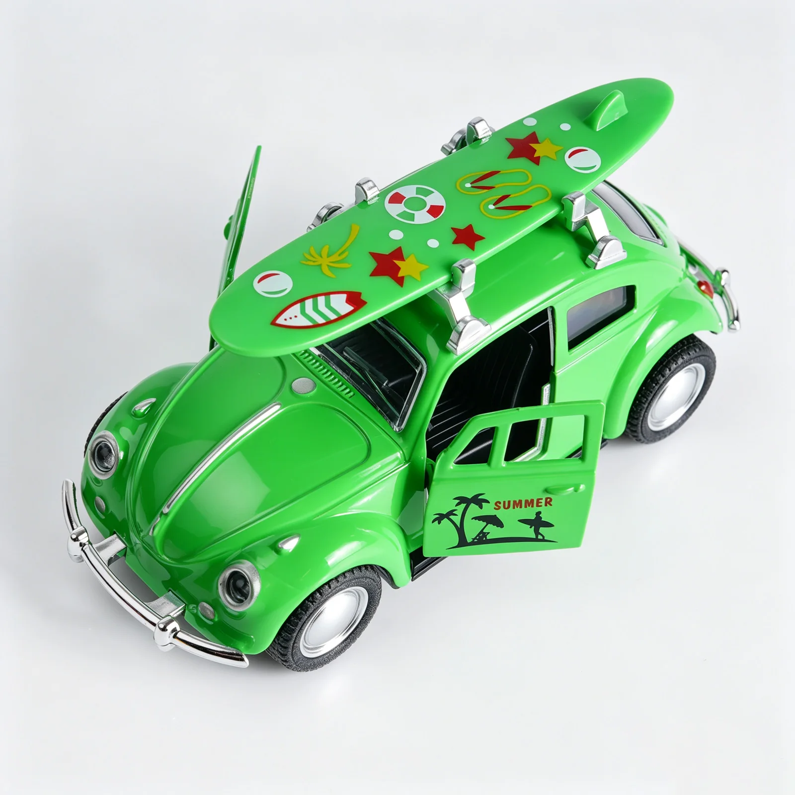 Retro Green Beetle Diecast Car, 1:36 Scale Alloy Pull-Back Model with Surfboard, Open Doors, Summer Beach Toy for Kids view 4