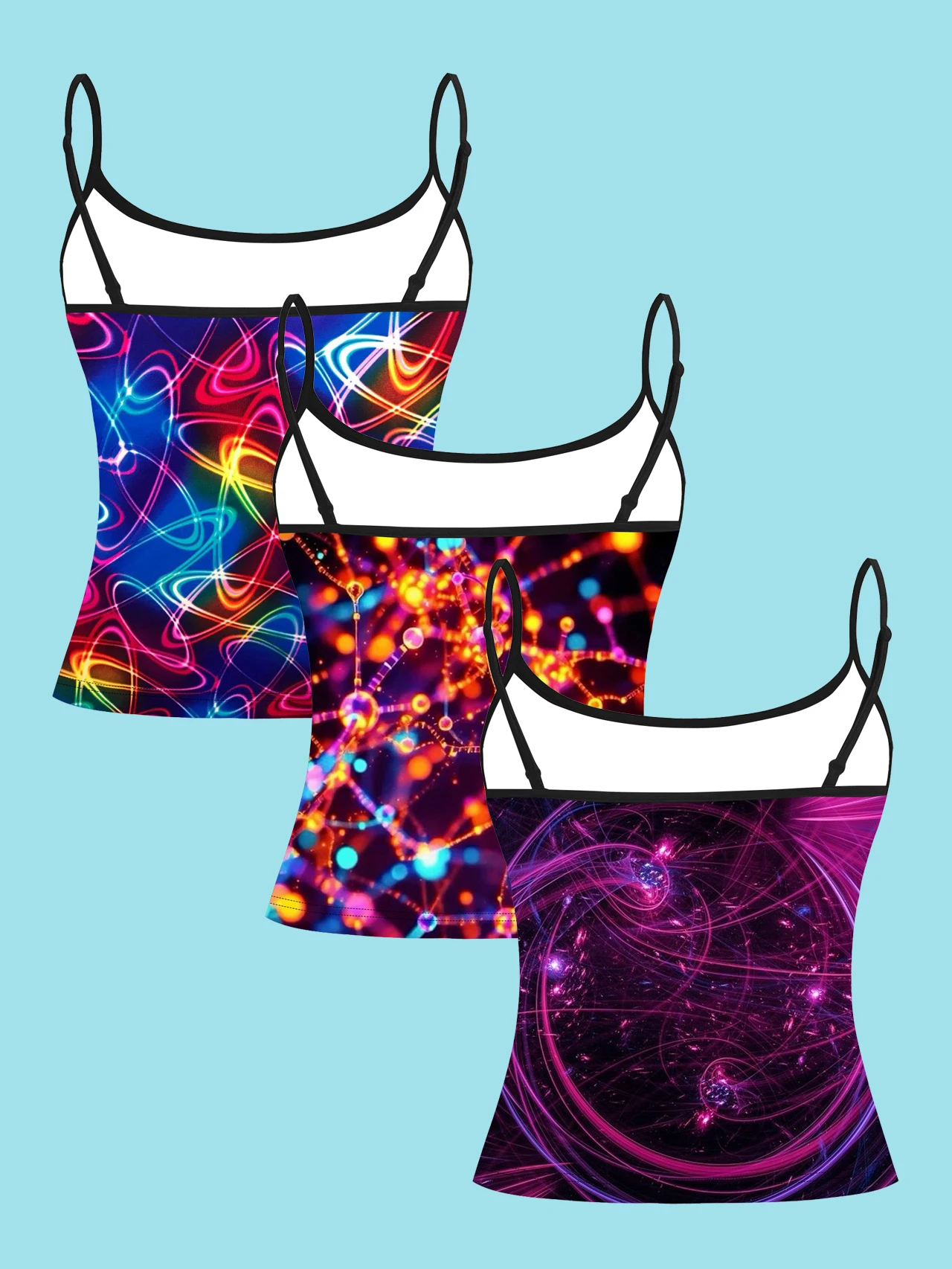 3-Pack of Women's Neon Colorful Printed Camisoles, Cyber-Style Abstract Light-Sensitive Slim-Fit Spaghetti Strap Sleeveless Tops