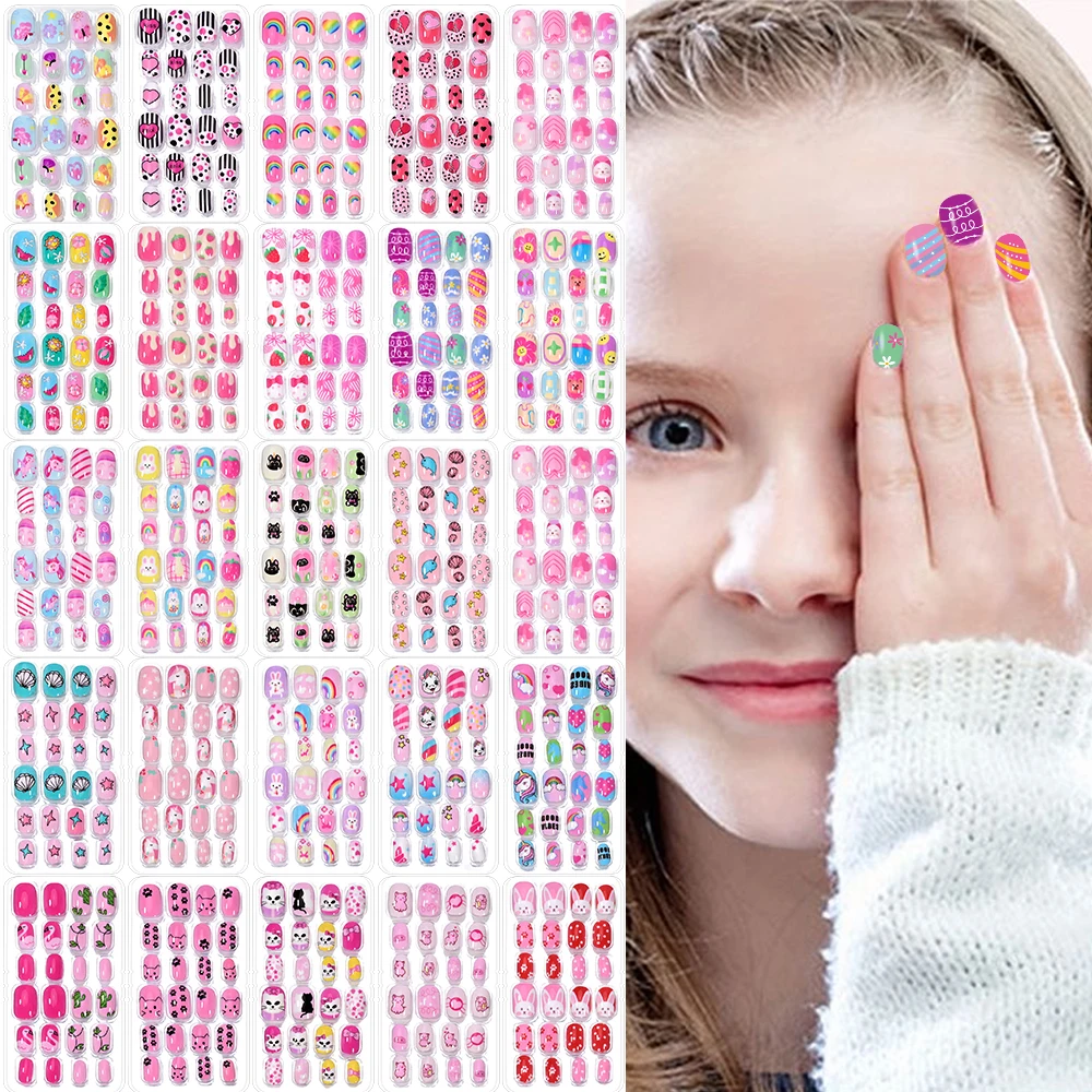 120pcs/box Pink Cartoon Children Press On Nails Candy Color Unicorn Cat Bunny Kids Full Cover False Nail Girls Party Nail Decora