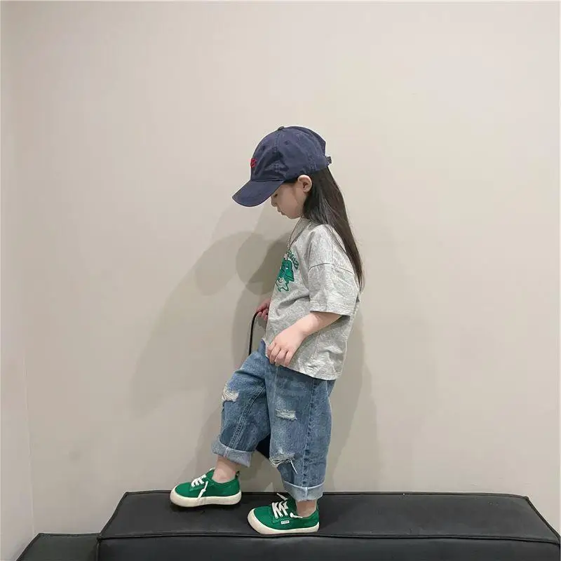 Korean Style Spring Autumn Baby Boys Girls Jeans Denim Torn Pants Loose Trousers Sweatpants Kids Clothes