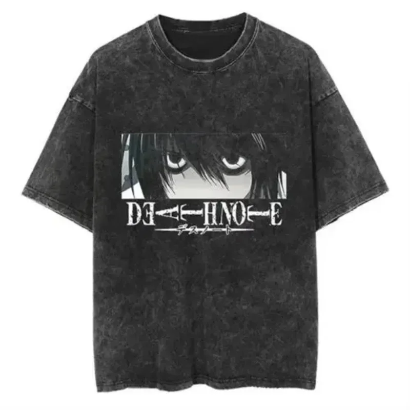 Harajuku Vintage Washed Death Note T-Shirt Herren Anime Grafikdruck T-Shirt Baumwolle Mode Streetwear Unisex Top Tee