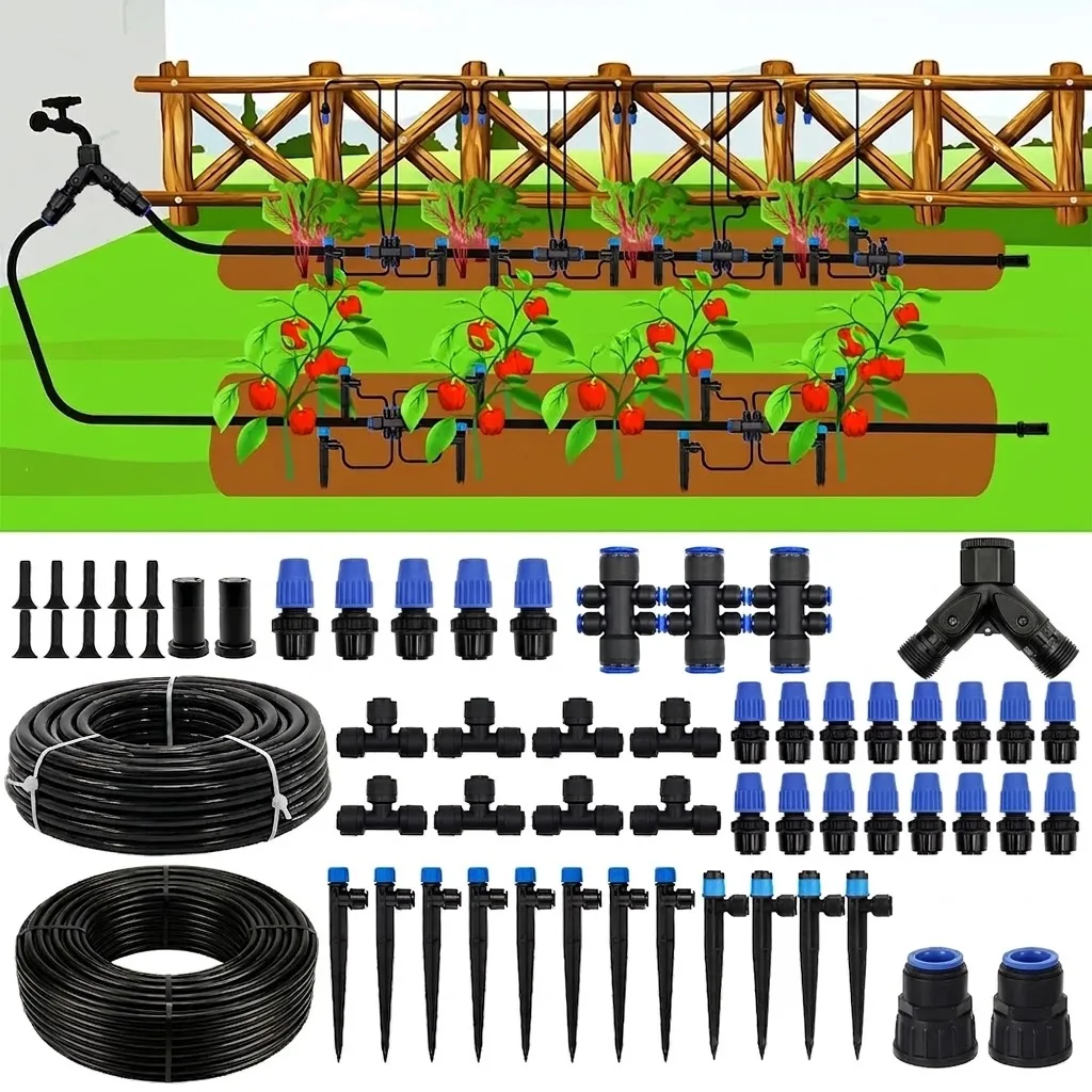Quick Connect Drip Irrigation System Kit Automatic Garden Watering with 1/4 and 1/2 Inch Tubing Adjustable Nozzles and Sprinkler