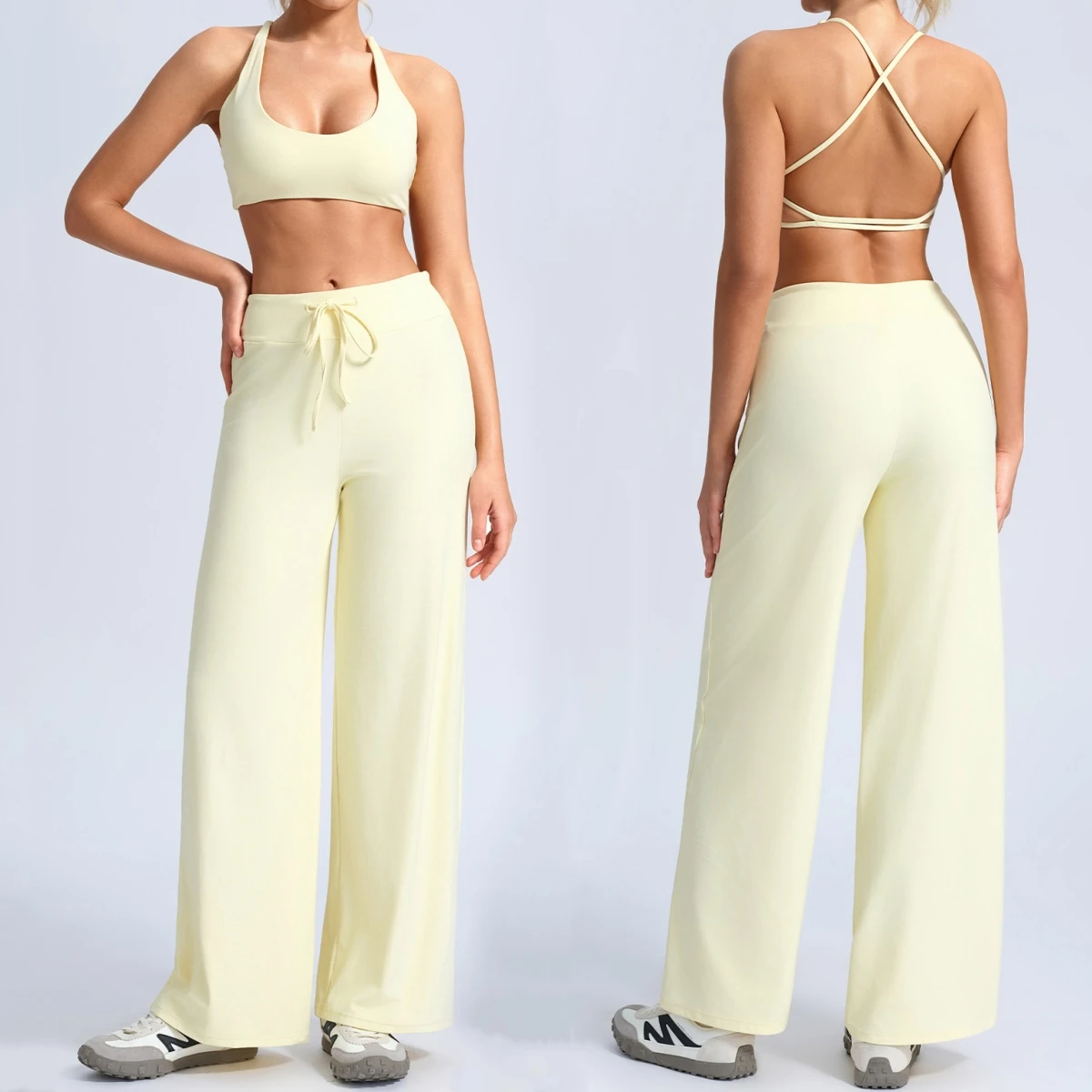 Women 2 Piece Yoga Set Criss Cross Back Sports Bra Drawstring High Waist Wide Leg Pants Gym Workout Running Fitness Tracksuit