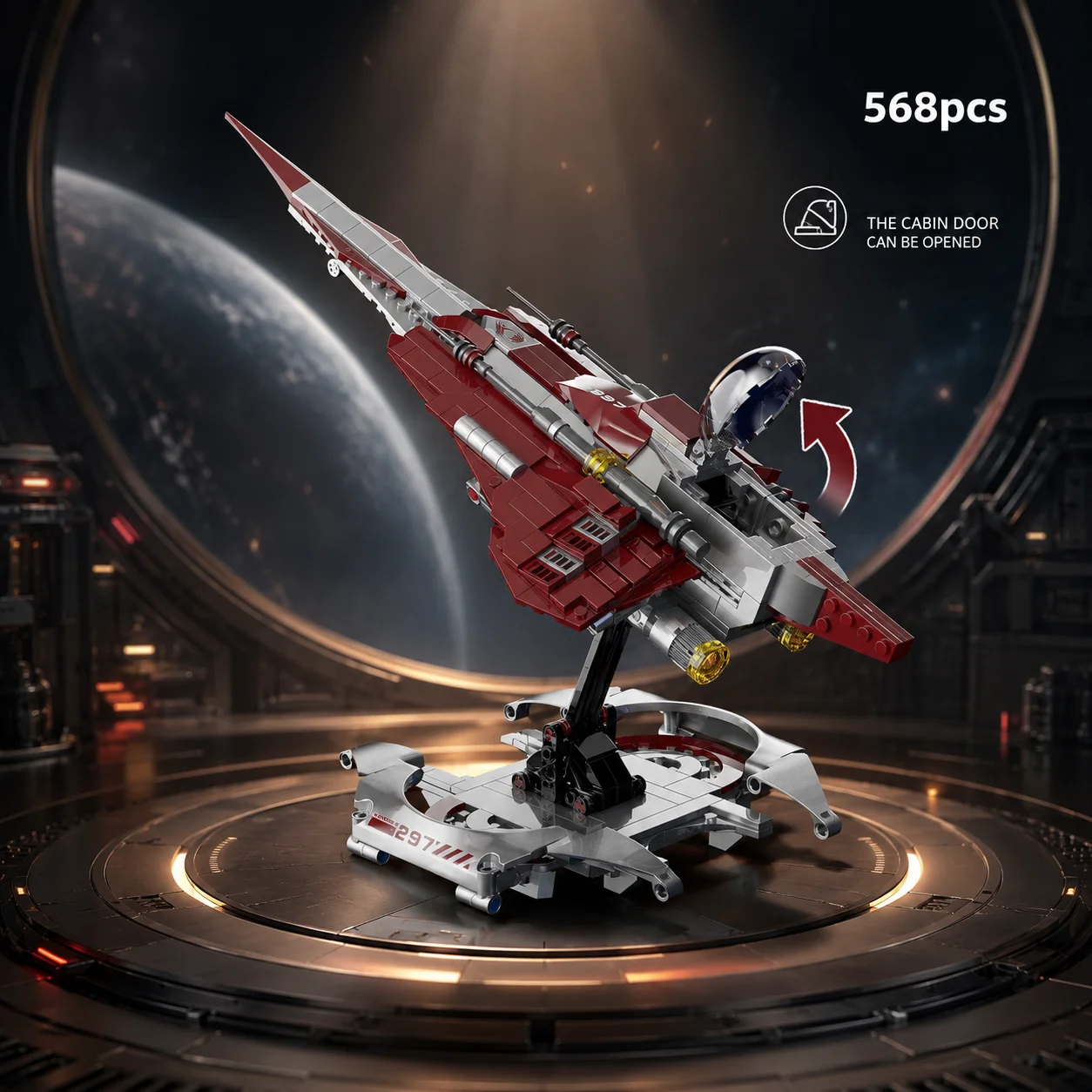 568-Piece Sci-Fi Battle Red Fighter Building Block Set, with Openable Transparent Cockpit Design, Sci-Fi Fighter Desktop Display Piece, Birthday and Holiday Gift for Teenage Boys and Adult Sci-Fi Collectors