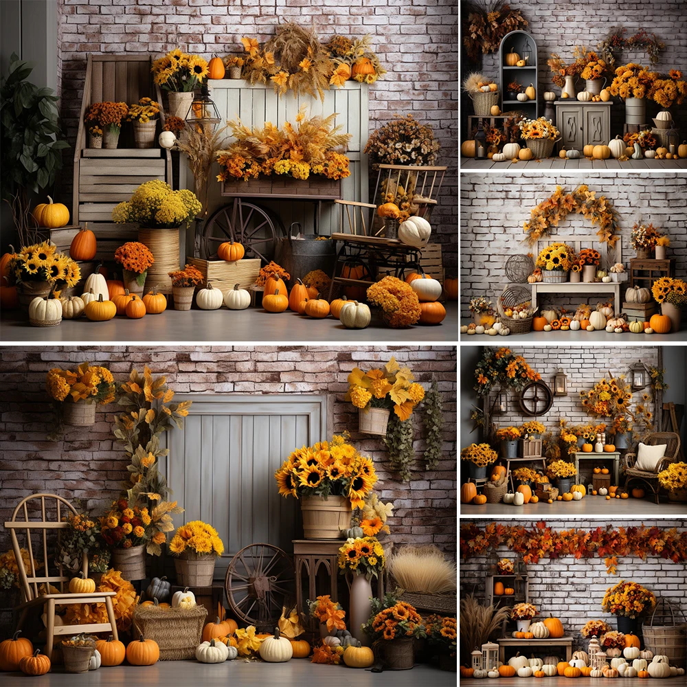 

Fall Backdrop Autumn Scenery Farm Warehouse Pumpkin Haystack Barn Maple Leaves Sunflower Kids Portrait Photography Background