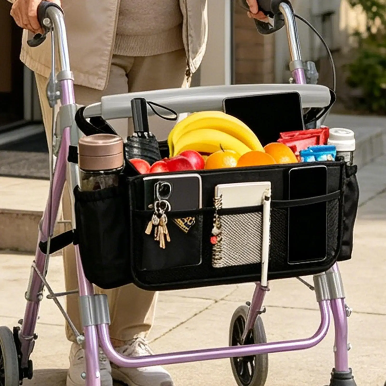 Rollator Basket Portable Large Capacity Waterproof Walker Storage Bag For Seniors Home Indoor Outdoor Walking Outing Shopping