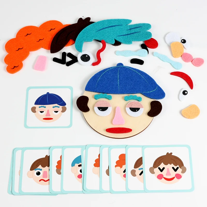 Panno in feltro Cambia espressioni facciali Esercizi Abilità pratica Puzzle in legno Allenamento motorio fine Giocattoli educativi per bambini
