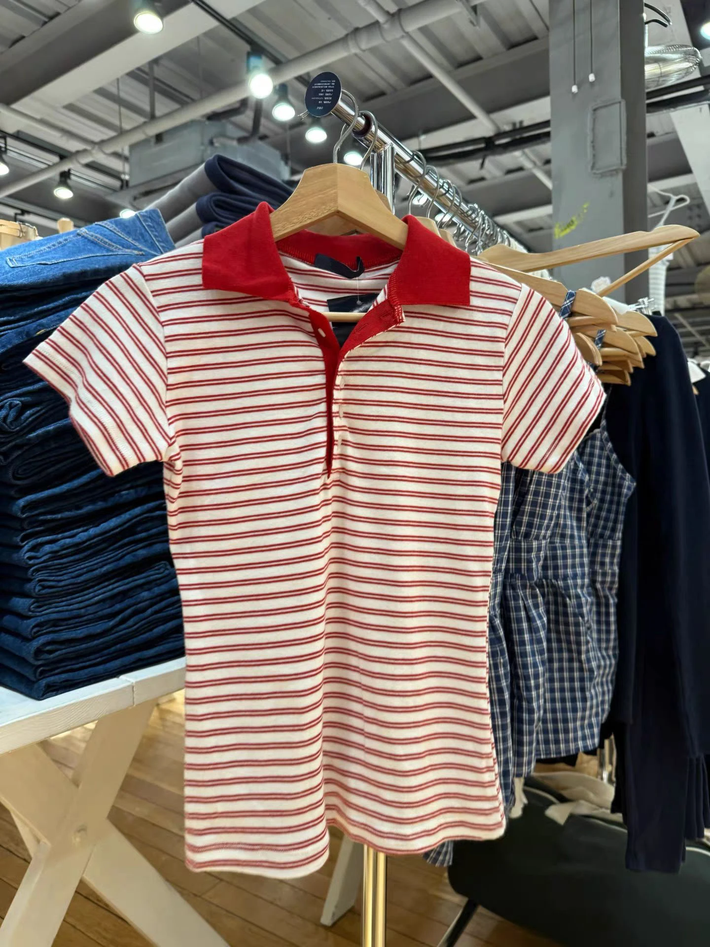 

Red Striped Slim Woman's T-shirt Summer Turn Down Collar Cotton Short Sleeve Tshirt Female Vintage Casual Preppy Style Tee Tops