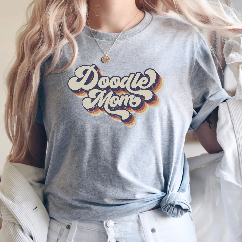 T Shirt Doodle Mom  Women Clothes Letter Printed T-shirt Summer Fun Casual Comfortable Round Neck Top Mother's Day Gift