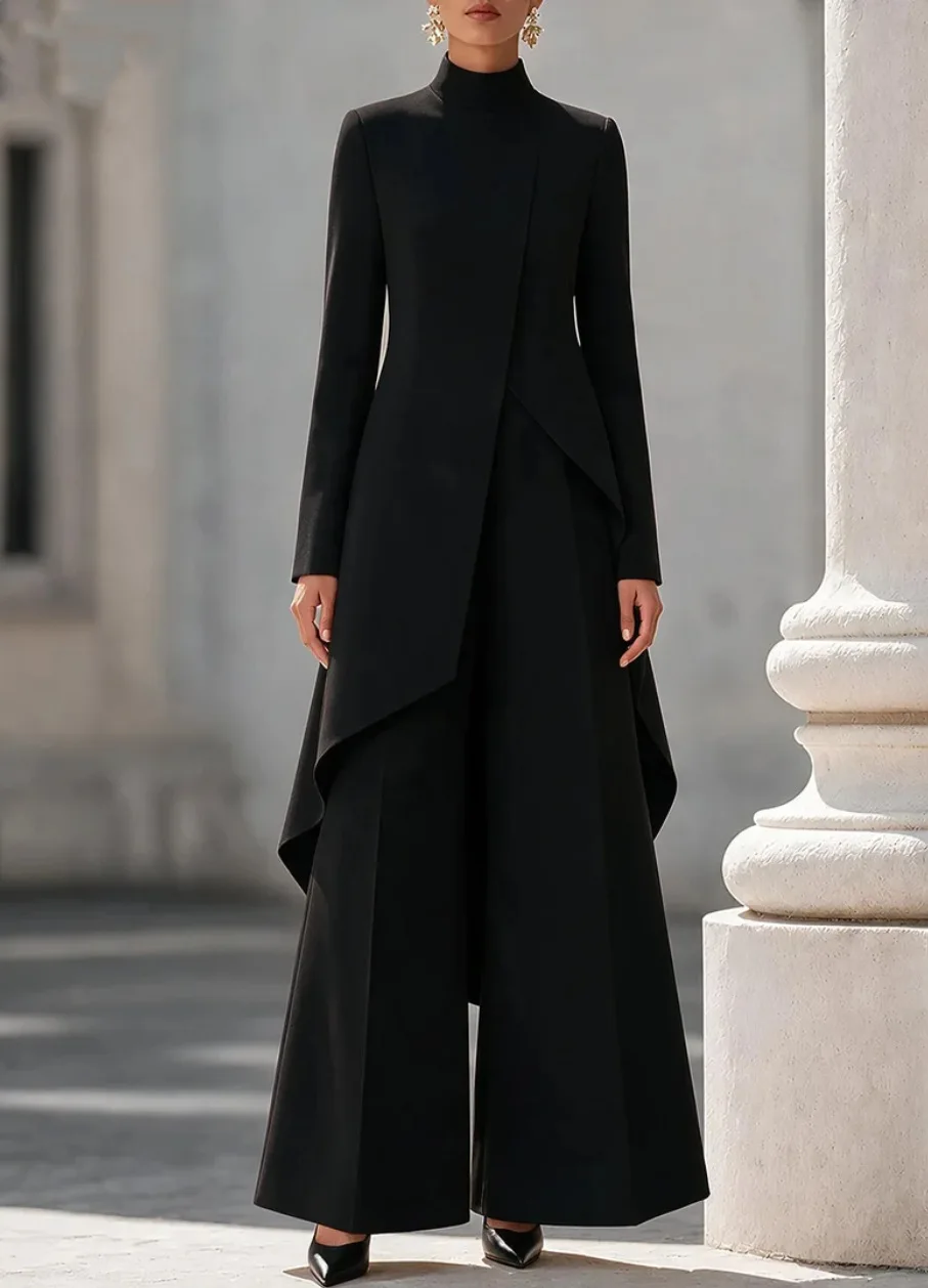 Women Two Piece Outfit Mock Neck Long Sleeve Irregular Asymmetrical Hem Top High Waist Wide Leg Pants Formal Suit Set
