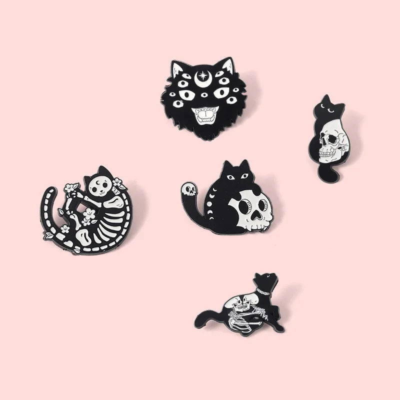 Gothic Cat Enamel Pin Skull Skeleton Witch Cats Badge Brooch Lapel Pins Denim Jeans Shirt Bag Punk Jewelry Gift for Friends view 2