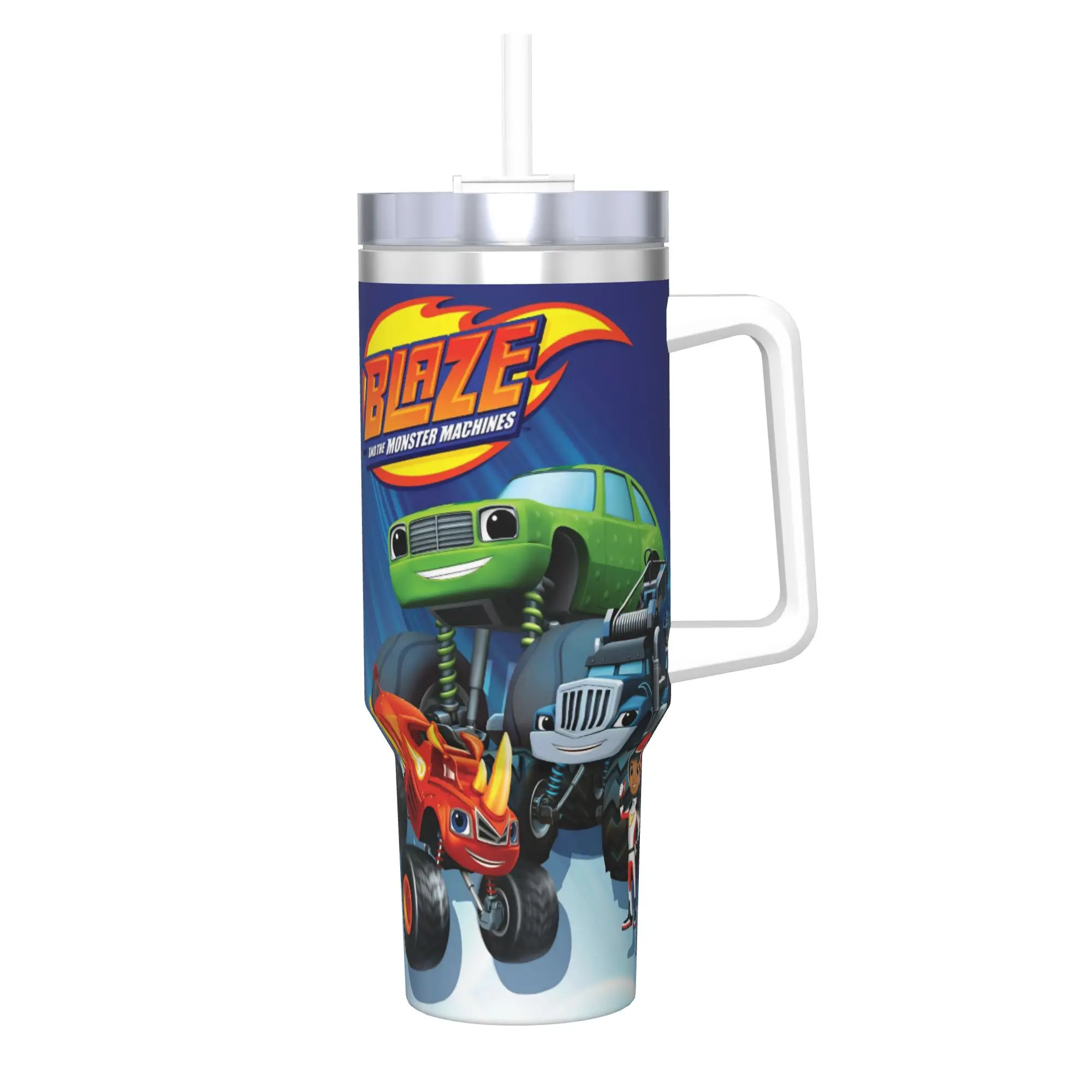 Vaso Térmico Blaze and the Monster Machines con Tapa y Pajitas, Tazas de Café al Vacío para Oficina y Hogar, Vasos para Bebidas Frías y Calientes de 40oz