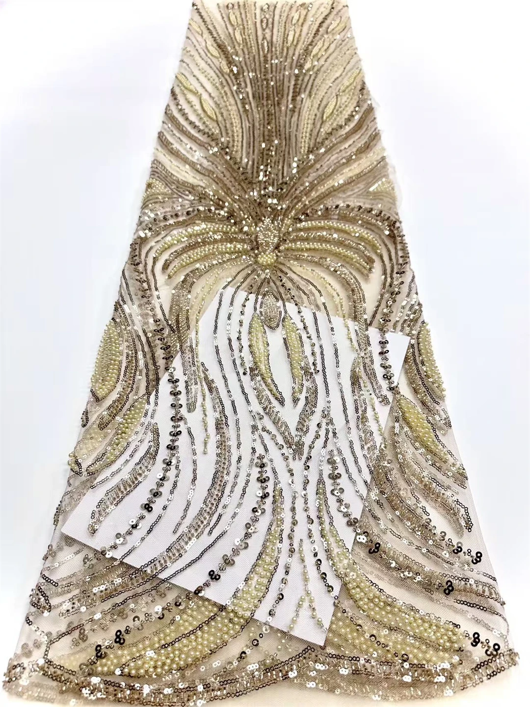 

Высококачественная золотая французская сетчатая кружевная ткань с вышивкой и блестками, бусинами для свадебного платья, африканская нигерийская модная вечеринка