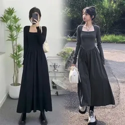 Women Autumn Winter Elegant Temperament Solid Color Square Collar Long Sleeve Midi Dress Ladies Fashion All-match A-line Skirt