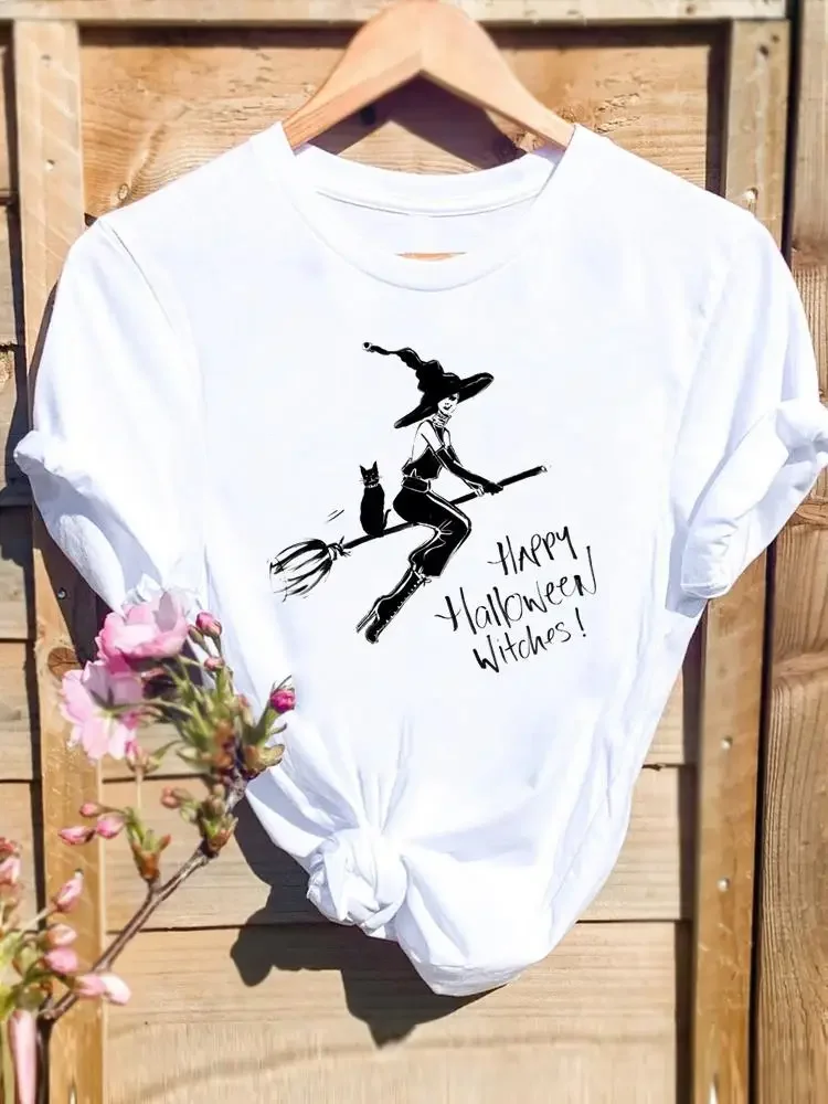 

Witch Cartoon Cat Fall Autumn T-shirts Clothing Short Sleeve Halloween Thanksgiving Festival Women Female Top Graphic T Tees