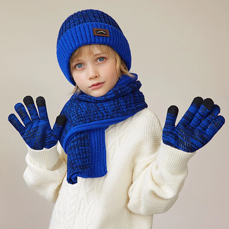 Winter Hat Scarf Gloves Sets for Children Thicken Knitted Hats Girls Plus Velvet Kids Scarves Beanie Boys Warm Accessories 4-10Y