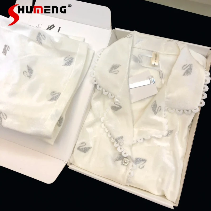 

Luxury New Pajamas for Women Autumn Winter Thickened Velvet White Sleepwear Set Female Long Sleeve Sweet Homewear Set