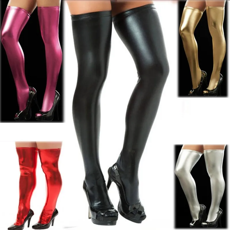 Sexy Thigh High Stockings Shiny Metallic Elastic Long Over-The-Knee Leather Socks Cosplay Lingerie Night Club Stocking Hosiery