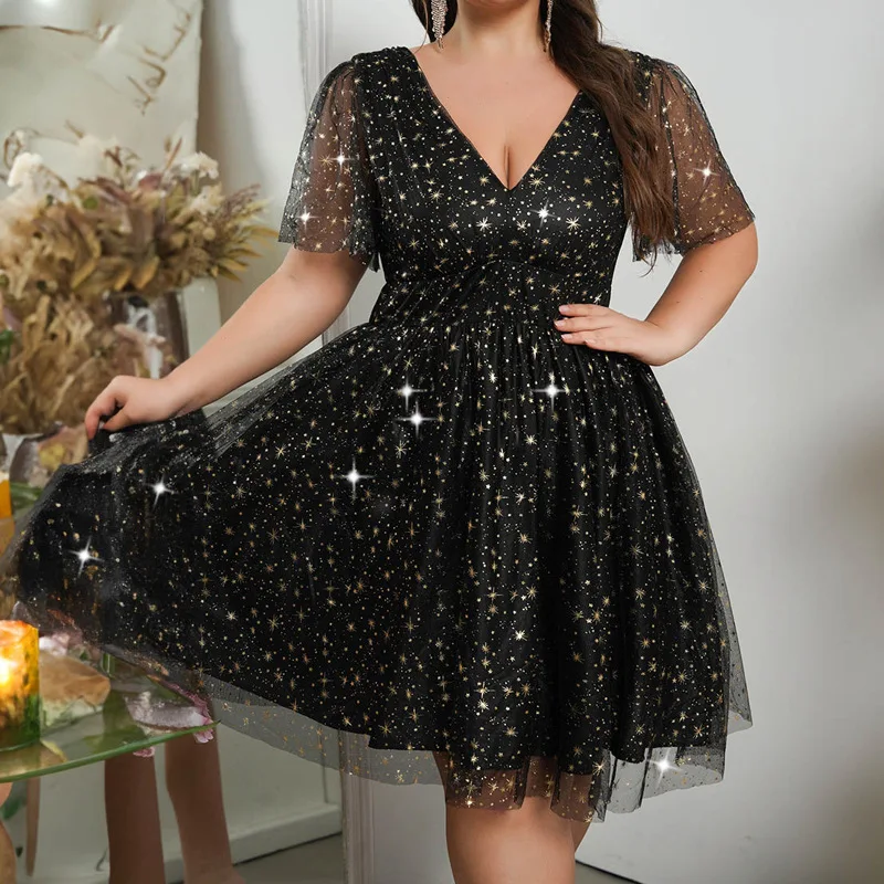 プラスサイズセクシーディープVネックバックレスイブニングドレスエレガントスターシークインブラックメッシュショートスリーブイブニングガウンカクテルパーティー用