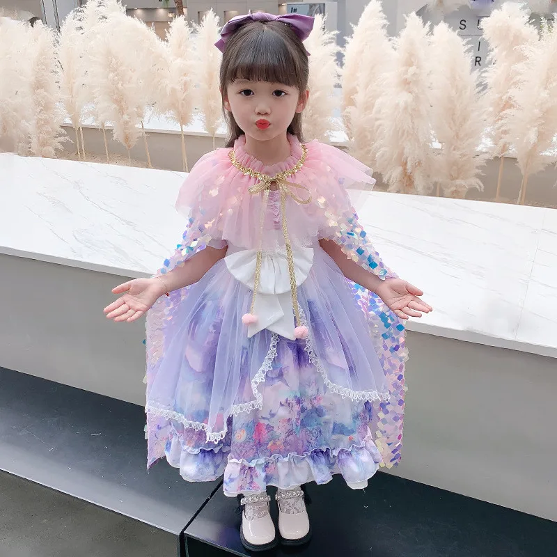 Cloak Coats Cosplay Costume Shawl Girl Poncho Performance Halloween Thin Jackets Children's Clothing Sequins Wraps Girl's Cape