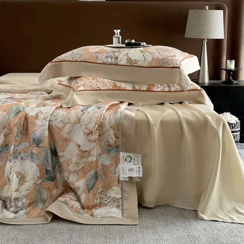 

Customizable 2025 new Lenzing Tencel digital European and American printing hollow summer quilt four-piece bed sheet