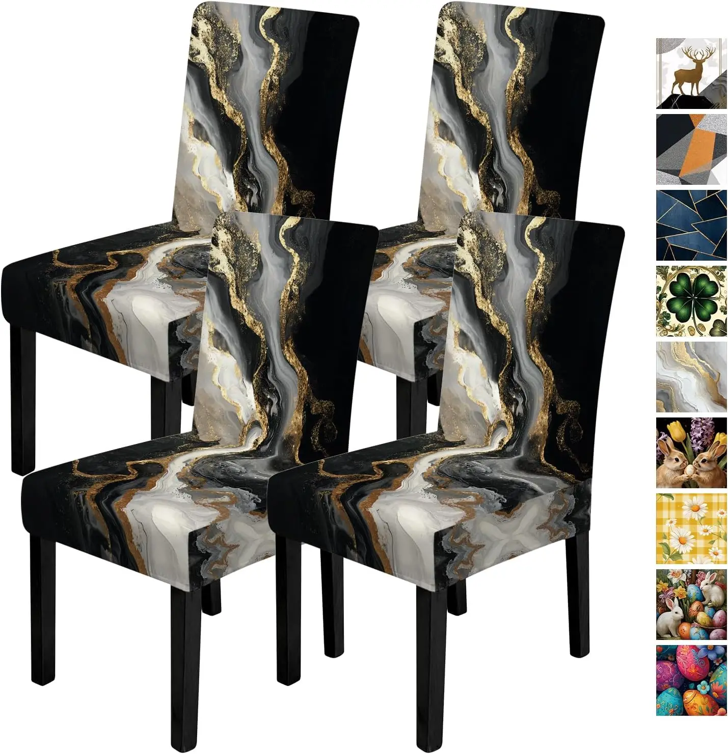 Black White Gold Marble Stretch Dining Chair Cover 1Pc, Anti-dust Seat Protector Slipcover for Kitchen Party