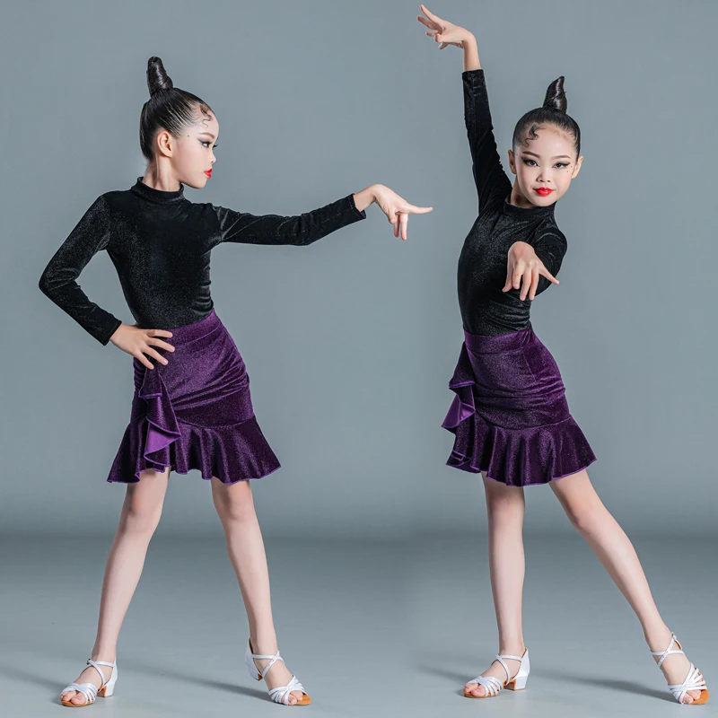 Girls Latin Dance Practice Clothes 2023 Autumn Winter Children's Split Velvet Competition Regulations Latin Skirt Suit