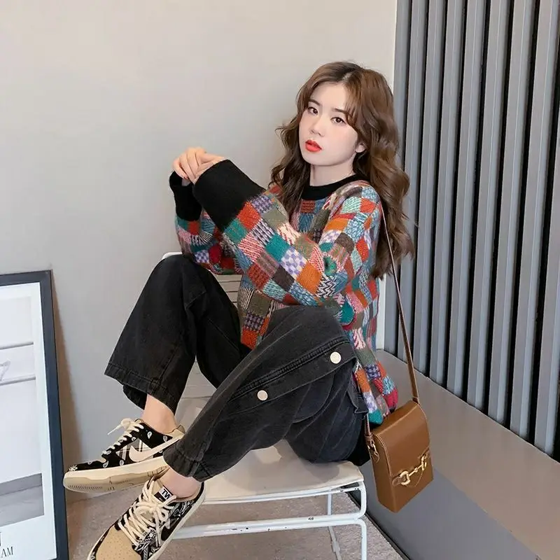 Vintage plaid sweater for women 2023 o neck autumn and winter loose long sleeve plush knitwear sweater pullover female tops