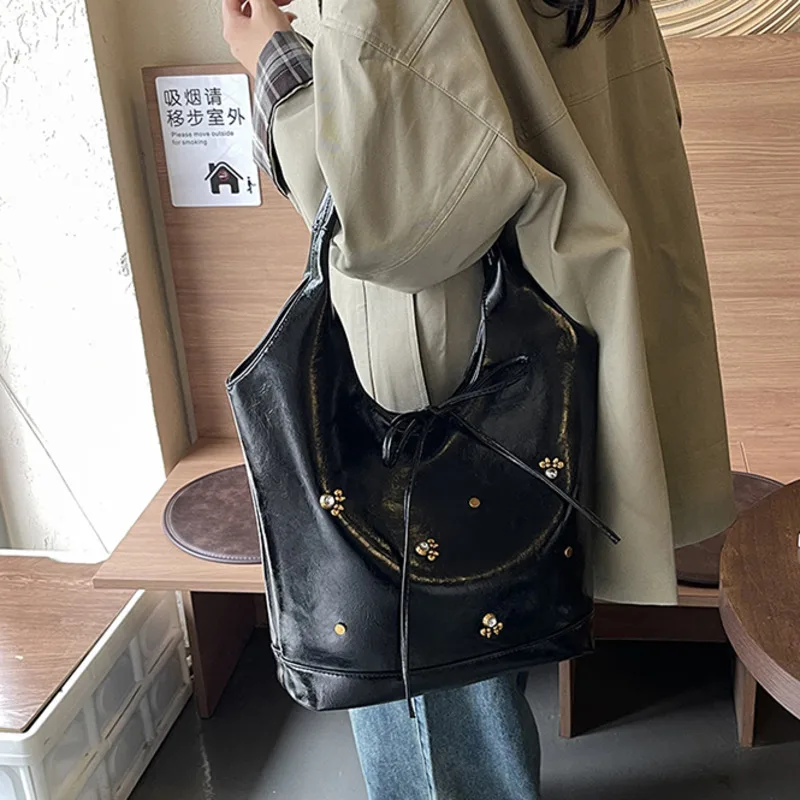 Oil Wax Skin PU Leather Underarm Bags For Women 2024 Winter Y2K New Trend Retro Female Fashion Shoulder Tote Bag Handbags