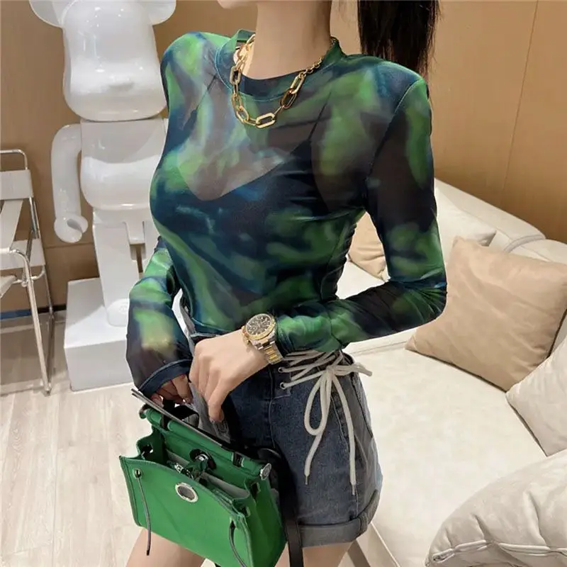 Shpmishal Korean Fashion Summer New Style Temperament T-shirt Slimming Tie Dyed Mesh Sunscreen Shirt T-shirts Female Clothing