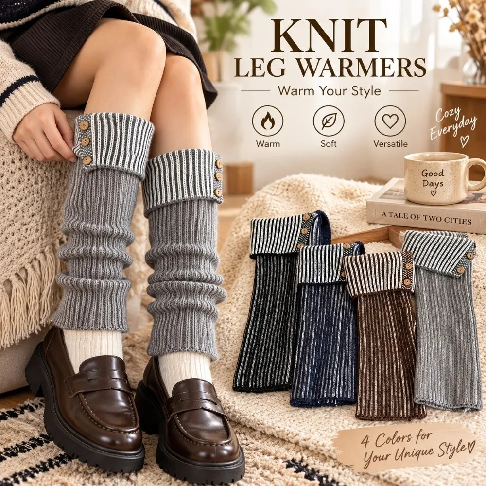 1 Pairr Cotton Blend Leg Warmer Vertical Striped Fold-Over Cuff Cuffed Leg Warmer Thickened Knit Decorative Button