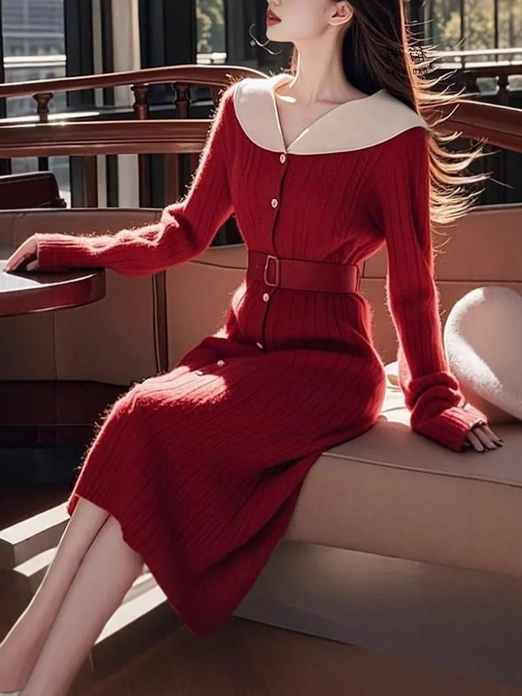 Rood Gebreide Dr Dames Hoge Taille A-lijn Rok Sle Pendelen Faion Herfst Winter Nieuwe Collectie Innerlijke Slijtage Trui Dr