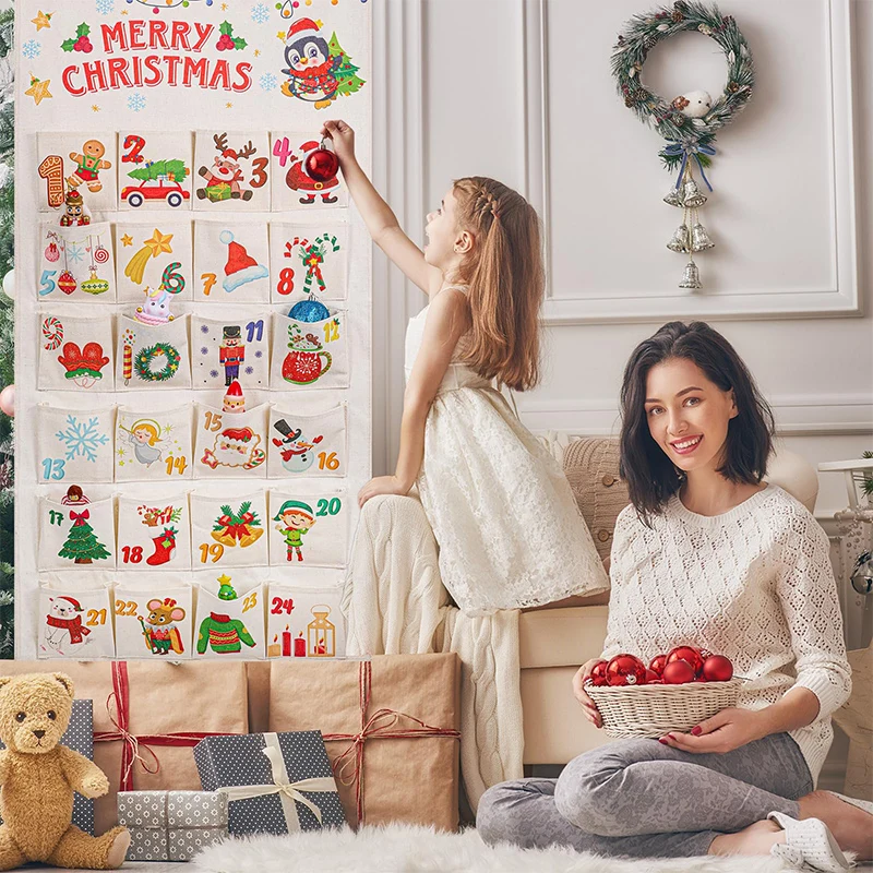 تقويم قدوم عيد الميلاد من القماش، تقويم العد التنازلي لعيد الميلاد مع 24 جيوب، زينة معلقة على الحائط، هدايا حفلات عيد الميلاد #3