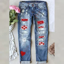 Valentine's Day Diamond Heart Ripped Jeans Hot Sale Women's Ripped Print Jeans Fashion Stretch Skinny Denim Pencil Pants