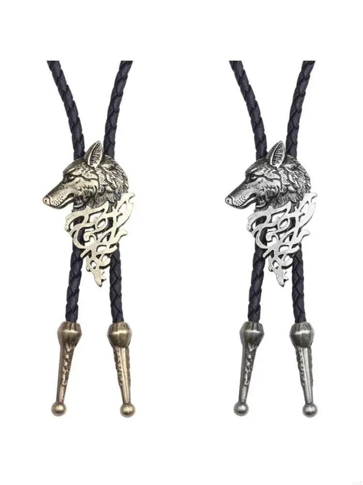 Braided Shoestring Wolf Bolo Tie with Metal Wolf Cowboy Necktie Necklace Country Bolo Tie Cowboy