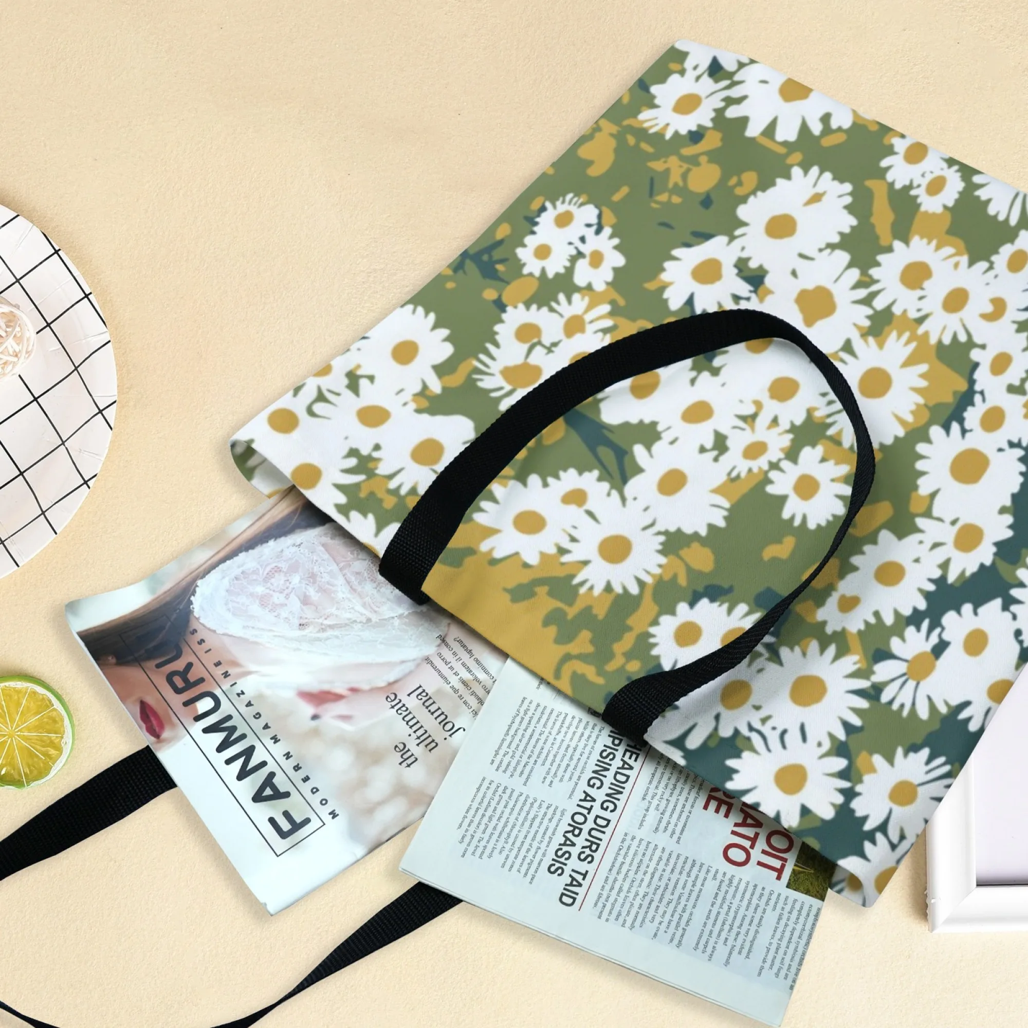 Borsa tote in tela margherita stile terroso Borsa a tracolla dal design floreale verde per donna Eco adatta per picnic primaverili Viaggi floreali