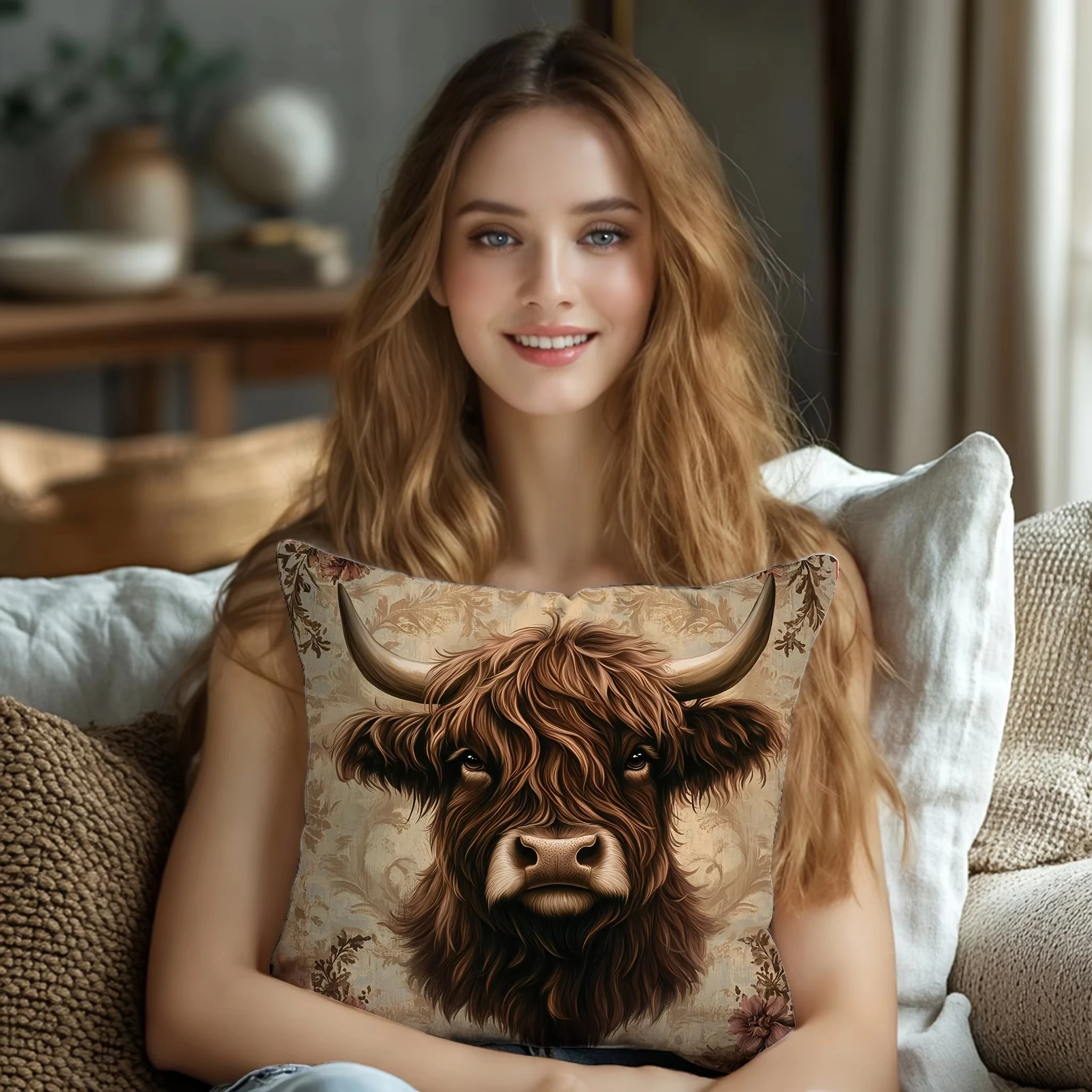 كيس وسادة بقرة هايلاند - غطاء وسادة من القماش الناعم المزخرف، قابل للغسل لديكور المنزل على شكل حيوانات المزرعة، مناسب للأرائك والأرائك #4