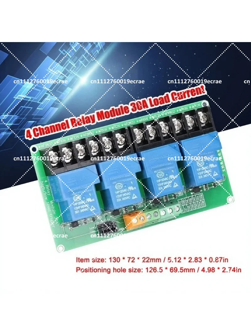 4 Channel 30A High Current Relay Module with Optocoupler Isolation, Support High Low Level Trigger 5V 12V 24V