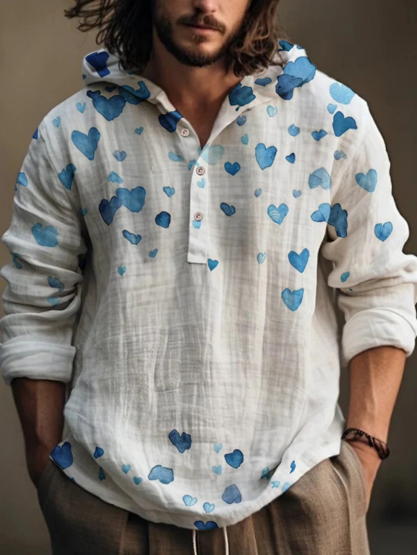 Men's Watercolor Blue Heart Print Hooded Henley Shirt, Long Sleeve Half‑Button Loose Fit Lightweight Casual Pullover Shirts