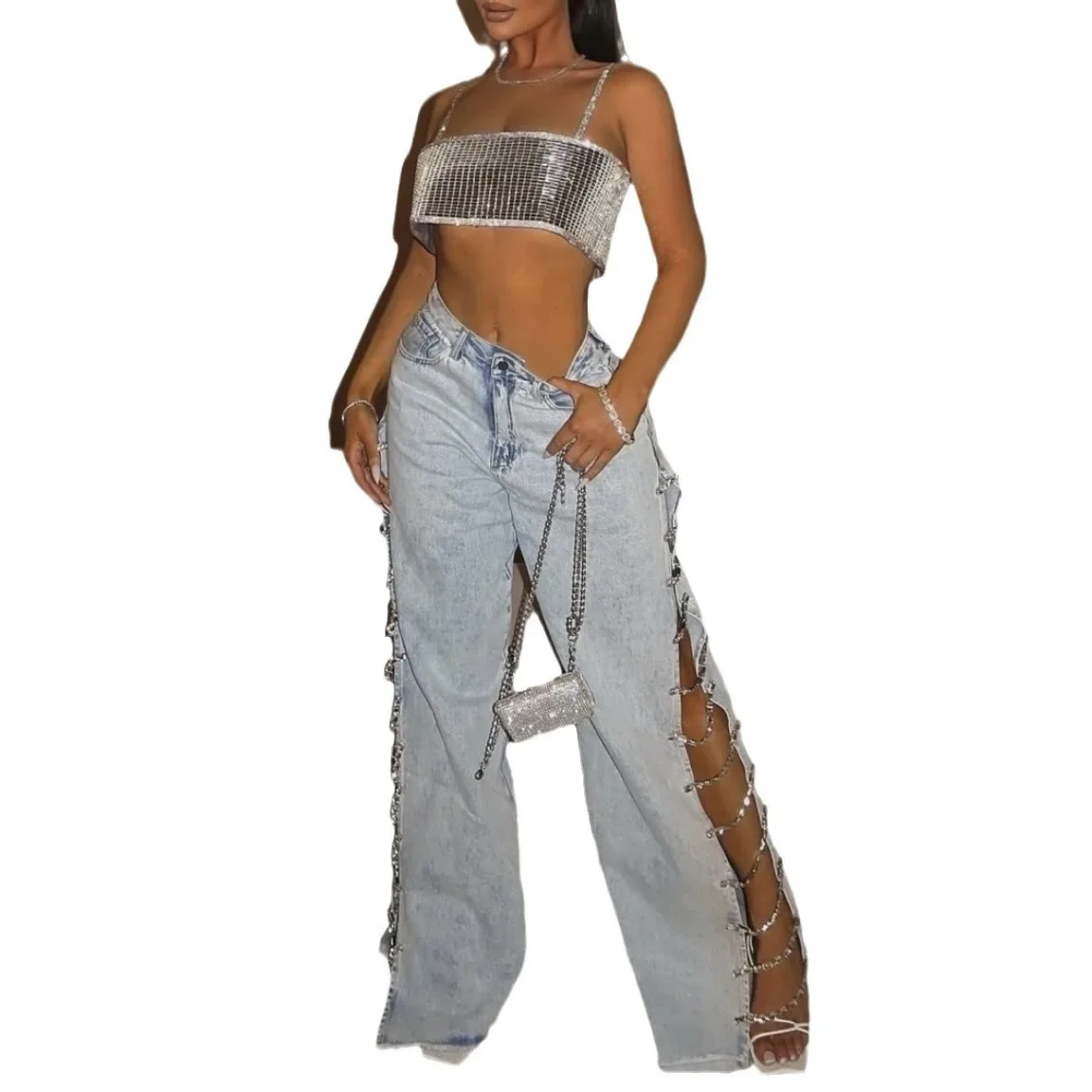 Wide Leg Pants Mom Jeans Women Hollow Out Diamonds Chain Low Waist Streetwear Denim Y2k Vintage Sexy Full Length Trousers