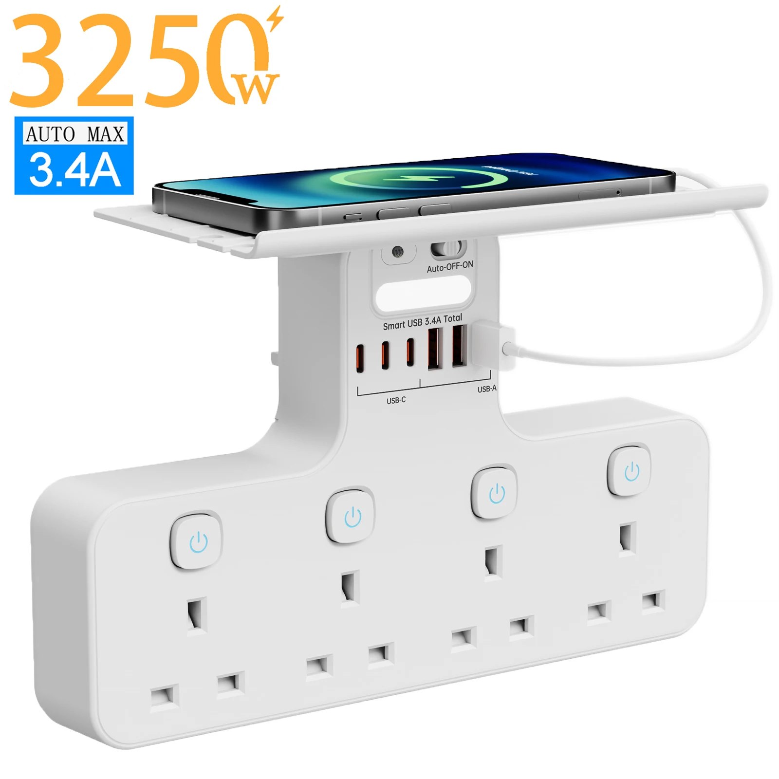 UK Plug Power Strip, Wall Mounted, Detachable Phone Holder, Smart Night Light, Independent Switches, 4AC+3USB-A+3USB-C Ports for