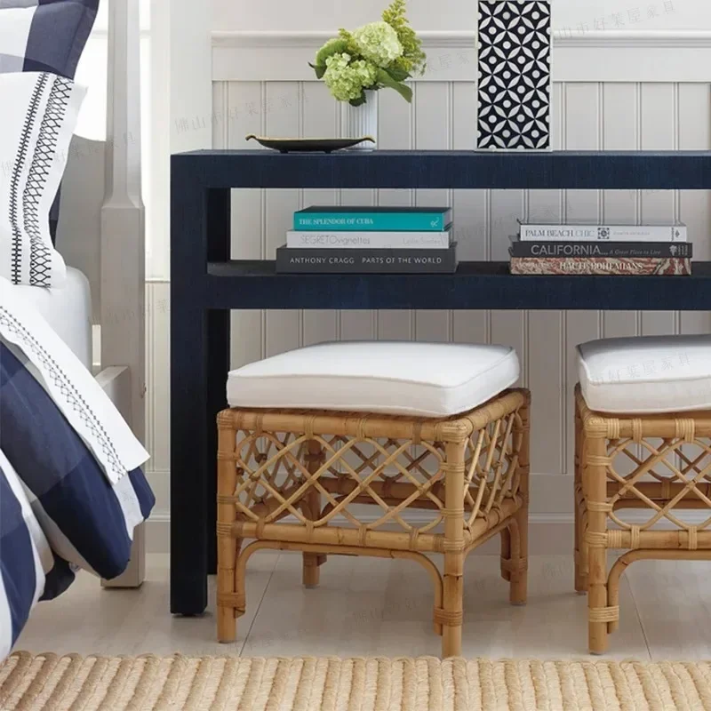 حذاء تزيين من الخشب الصلب المربع الصغير من الروطان الحقيقي، تغيير مدخل الإقامة المنزلية، مقعد منخفض #4