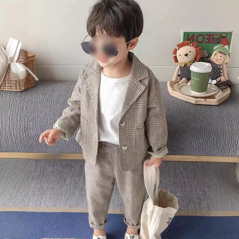 Boys Spring and Autumn Suit New Suit2024Spring and Autumn Children Toddler Casual Suit Two-Piece Suit Western StyleP21