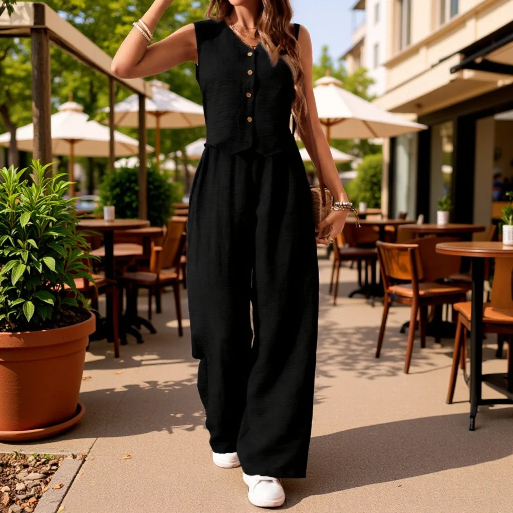 

Женский хлопковый комплект: футболка с V-образным вырезом, жилет и брюки. Повседневный пляжный стиль для отпуска. Модный ретро-комплект на весну-лето.