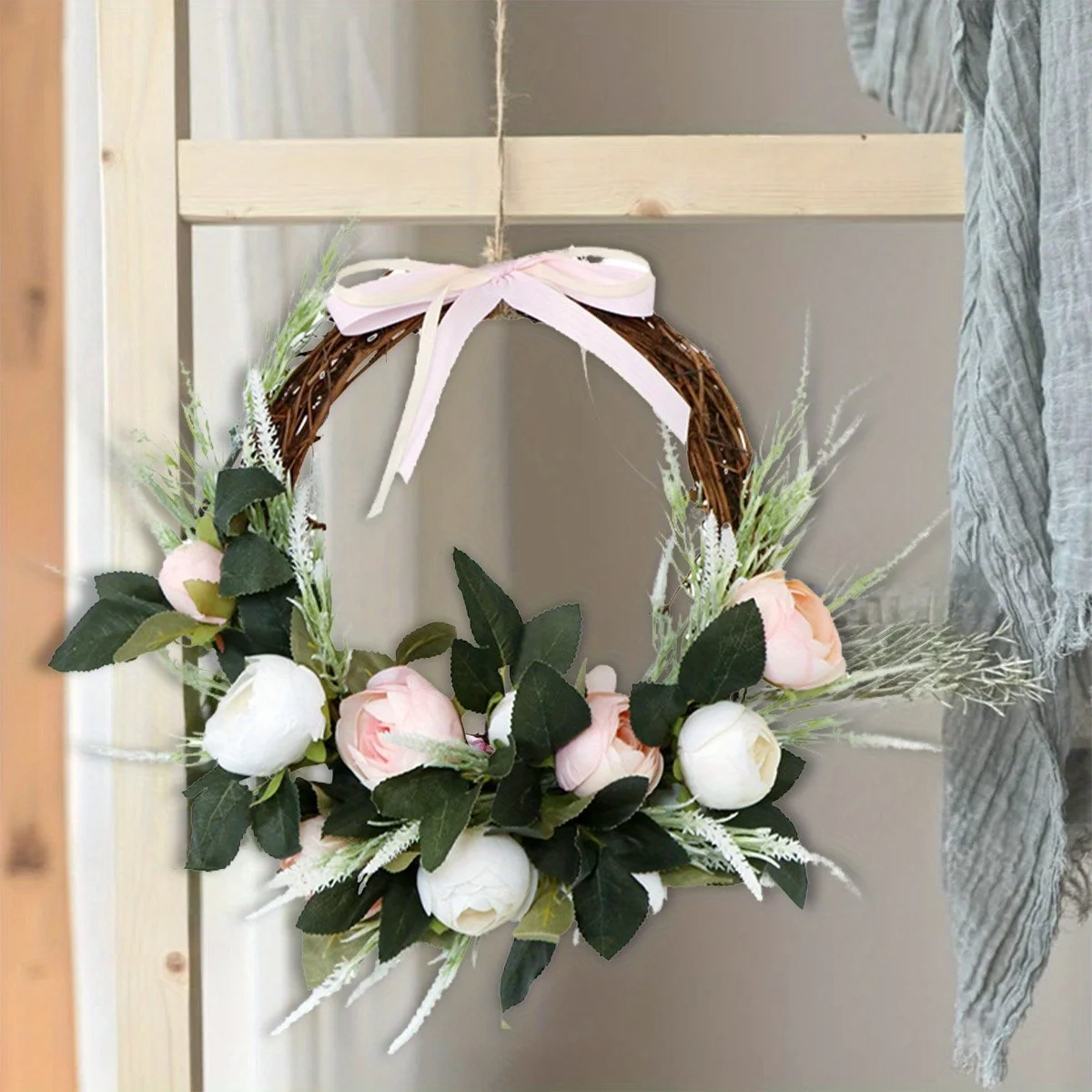 

Artificial Camellia Lavender Wreath, 12.6in Wreath for Indoor Outdoor Front Farmhouse Porch Holiday Decorations,