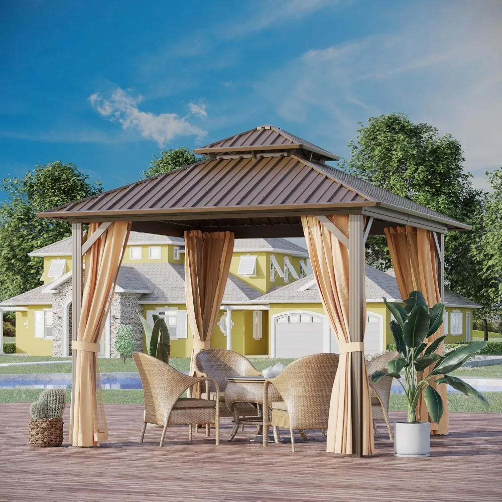 

10'x10' Hardtop Gazebo Outdoor Aluminum Patio Gazebo Double Roof Galvanized Steel Canopy With Netting And Curtains,for Garden, B