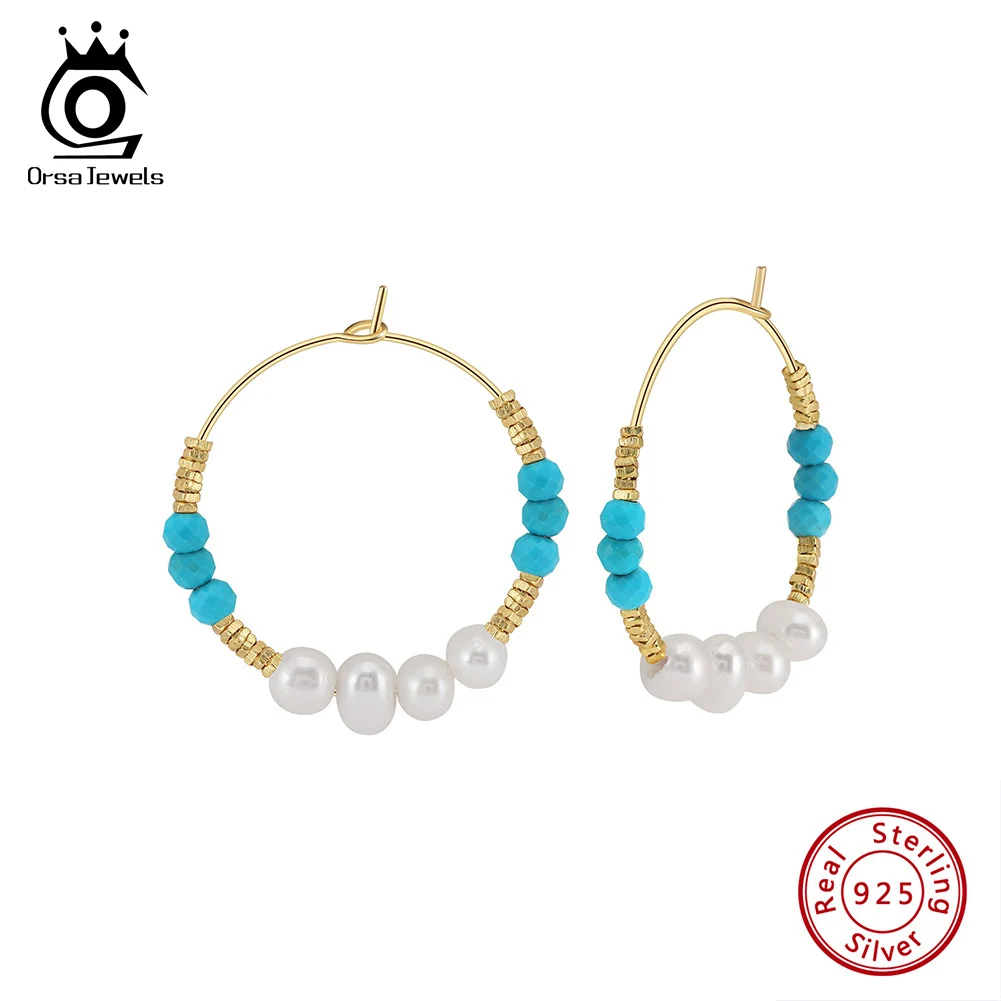 

ORSA JEWELS 14K Gold Plated Natural Turquoise Hoop Earrings with Freshwater Baroque Pearls Beaded Exquisite Pearl Earrings MPE07