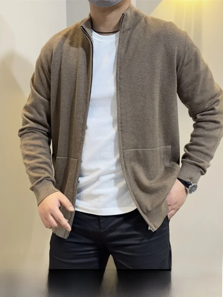 

Мужской модный шерстяной кардиган на молнии, вязаный свитер, весенне-осенний, универсальный, с длинными рукавами, с высокой молнией, однотонный, вязаный...