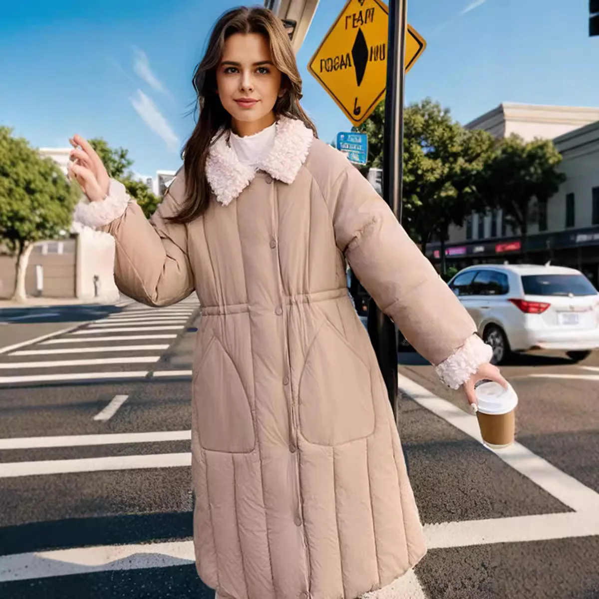 2025 겨울 여성용 롱 코튼 재킷 여성 핑크 양털 칼라 스플라이스 파카 코트 여성용 두꺼운 따뜻한 겨울 재킷